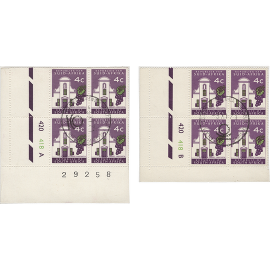 South Africa 1971 (Used) 4c Groot Constantia cyl blocks, phos frame