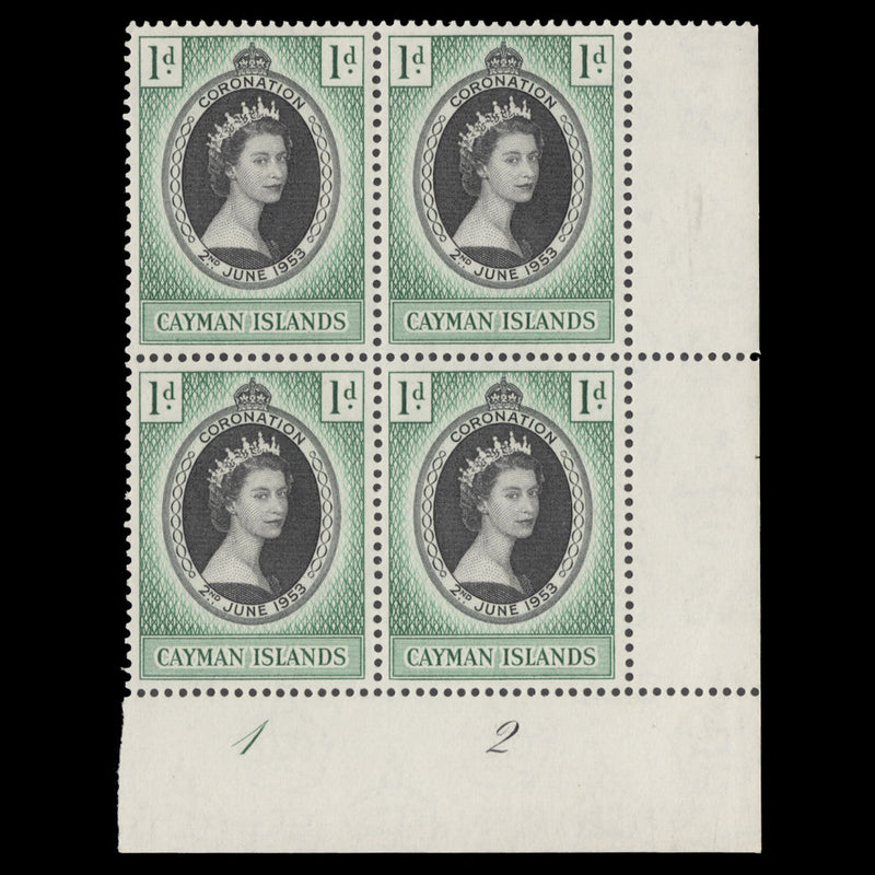 Cayman Islands 1953 (MNH) 1d Coronation plate 1–2 block