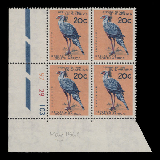 South Africa 1961 (MNH) 20c Secretary Bird cylinder 97–29–103 block