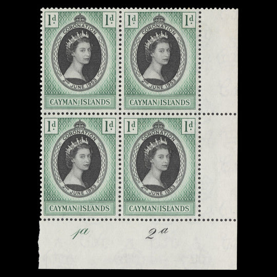 Cayman Islands 1953 (MNH) 1d Coronation plate 1a–2a block