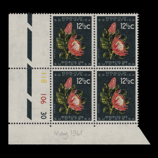 South Africa 1961 (MNH) 12½c Protea cylinder 118–106–30 block