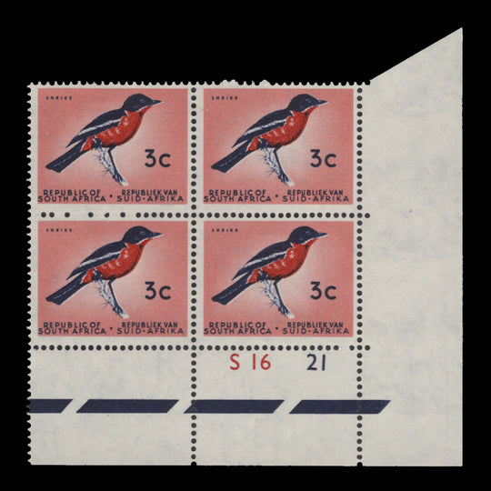 South Africa 1961 (MNH) 3c Shrike cylinder S16–21 block