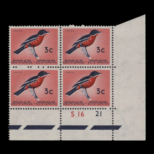 South Africa 1961 (MLH) 3c Shrike cylinder S16–21 block