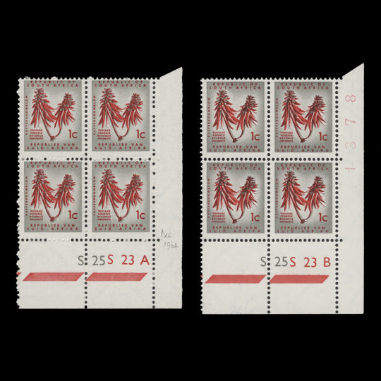 South Africa 1964 (MNH) 1c Kafferboom Flower cyl blocks, RSA wmk
