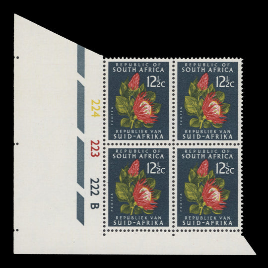 South Africa 1967 (MNH) 12½c Protea cylinder 224–223–222B block