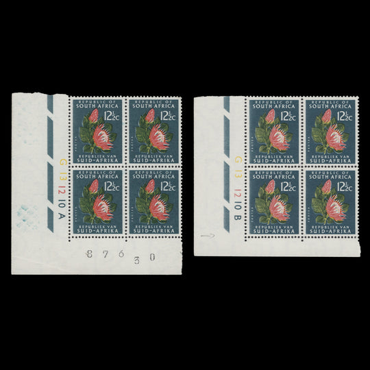 South Africa 1966 (MNH) 12½c Protea cylinder blocks, RSA watermark