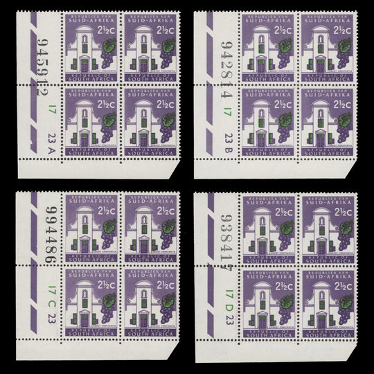 South Africa 1967 (MNH) 2½c Groot Constantia cyl blocks, RSA wmk