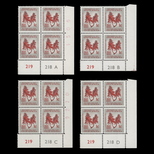 South Africa 1967 (MNH) 1c Kafferboom Flower cyl blocks, RSA wmk