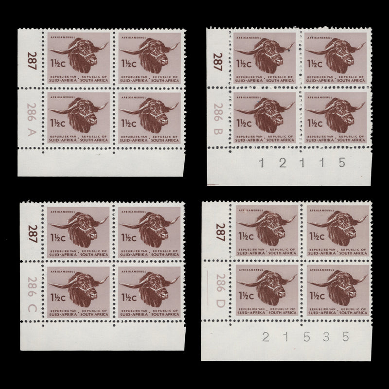 South Africa 1969 (MNH) 1½c Afrikaner Bull cyl blocks, tête-bêche wmk