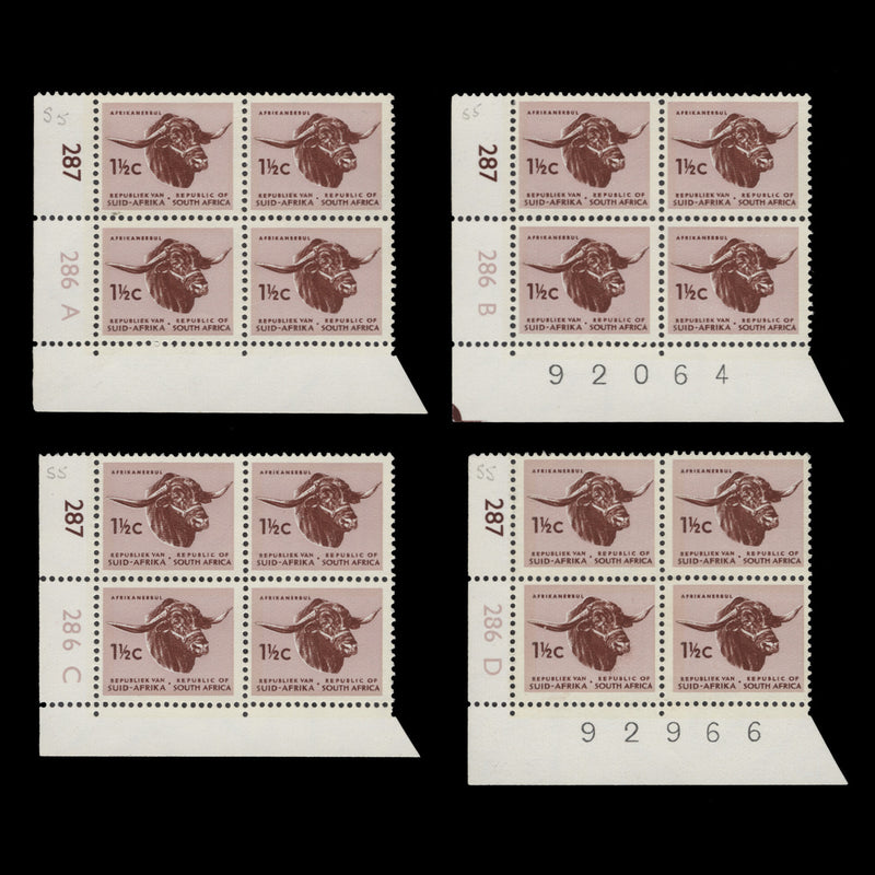 South Africa 1969 (MNH) 1½c Afrikaner Bull cyl blocks, phosphor frame