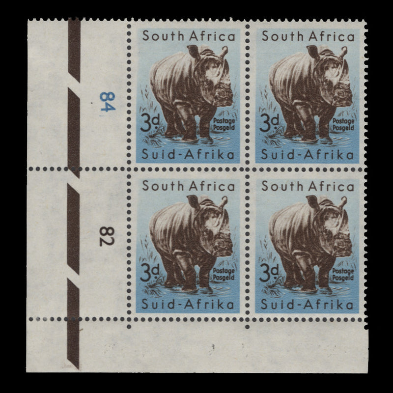 South Africa 1959 (MNH) 3d White Rhinoceros cylinder 84–82 block