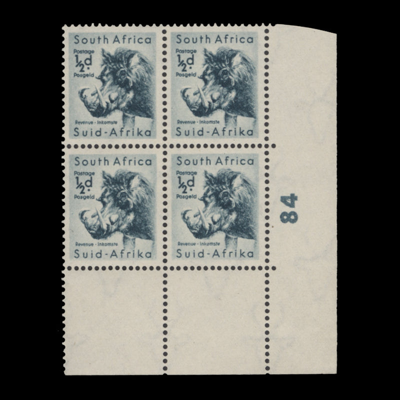 South Africa 1954 (MLH) ½d Warthog cylinder 84 block on white paper