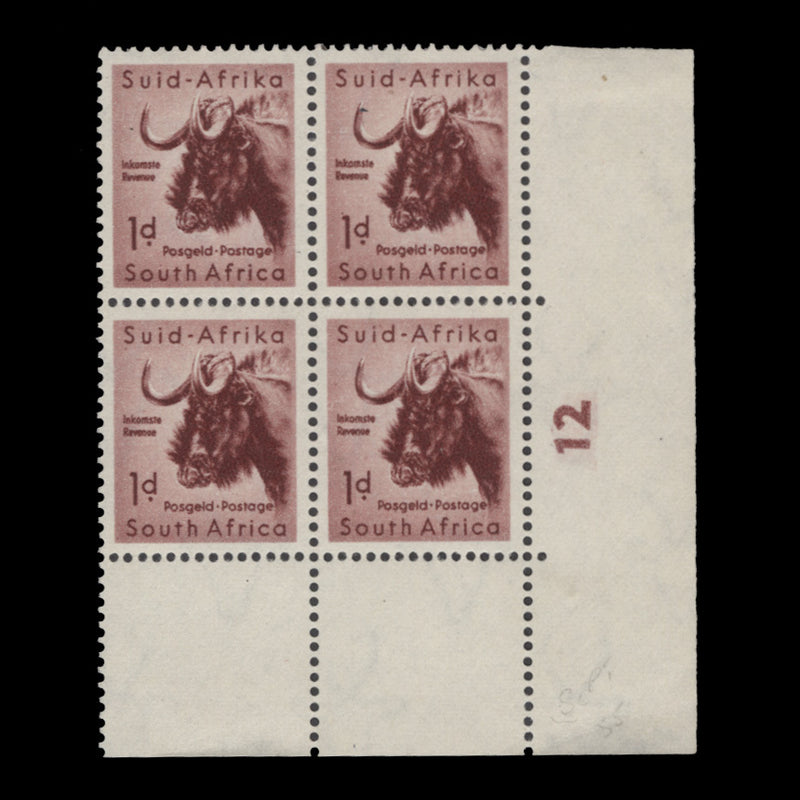 South Africa 1954 (MLH) 1d Black Wildebeest cylinder 12 block