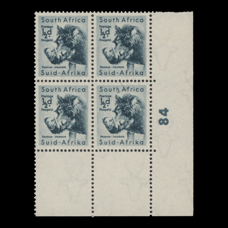 South Africa 1954 (MLH) ½d Warthog cylinder 84 block