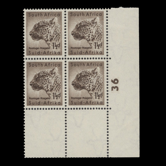 South Africa 1954 (MLH) 1½d Leopard cylinder 36 block