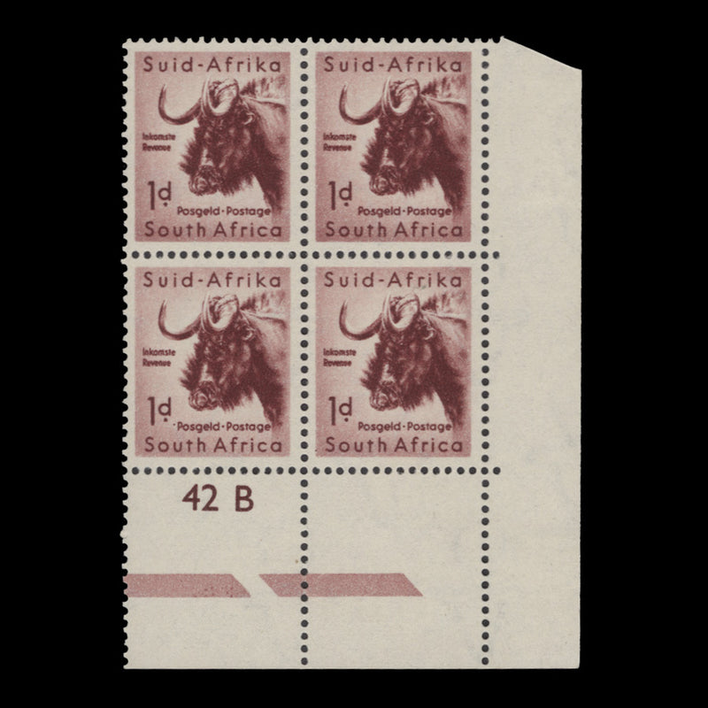South Africa 1954 (MLH) 1d Black Wildebeest cylinder 42B block