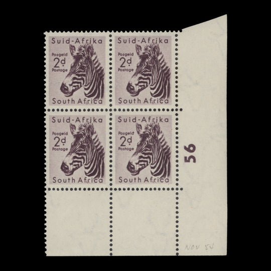 South Africa 1954 (MLH) 2d Mountain Zebra cylinder 56 block