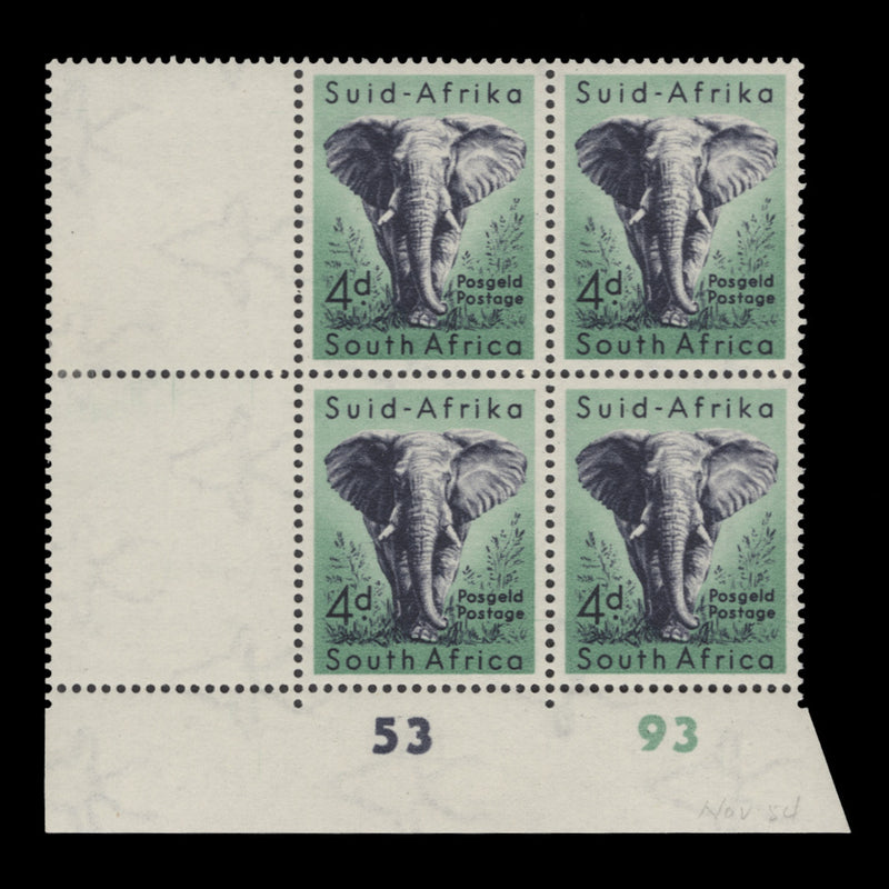 South Africa 1954 (MLH) 4d African Elephant cylinder 53–93 block