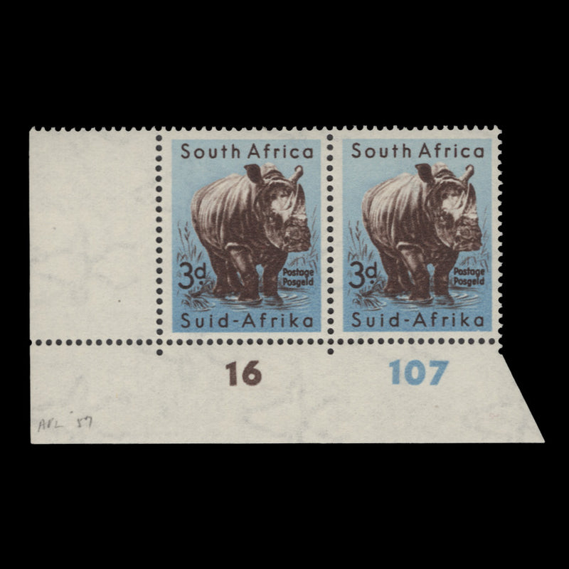 South Africa 1954 (MLH) 3d White Rhinoceros cylinder 16–107 pair