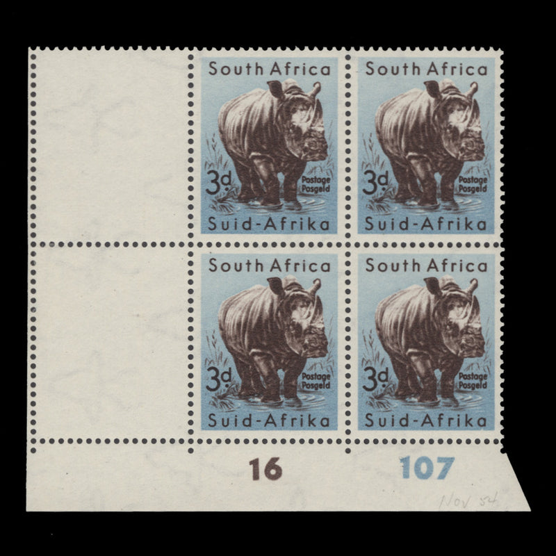 South Africa 1954 (MLH) 3d White Rhinoceros cylinder 16–107 block