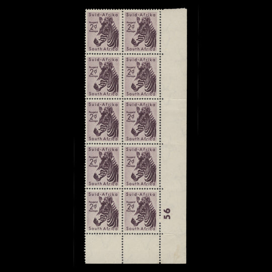 South Africa 1954 (MLH) 2d Mountain Zebra cylinder 56 block