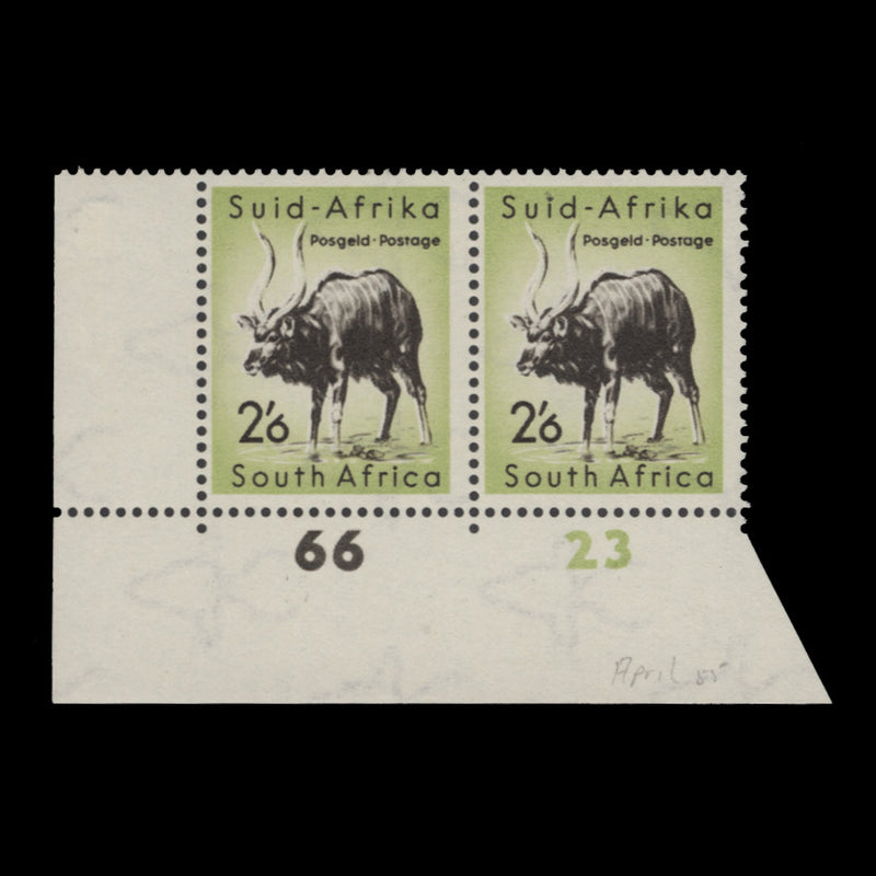 South Africa 1954 (MLH) 2s6d Nyala cylinder 66–23 pair