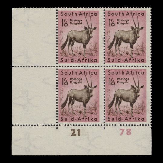 South Africa 1954 (MLH) 1s 6d Gemsbok cylinder 21–78 block