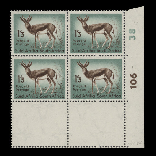 South Africa 1954 (MLH) 1s 3d Springbok cylinder 106–38 block