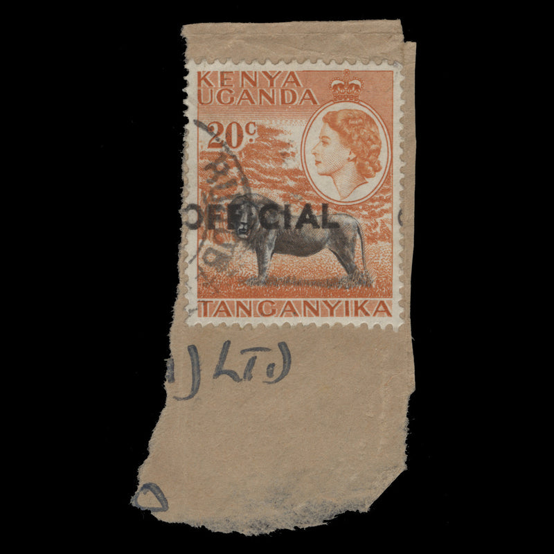 Kenya Uganda Tanganyika 1959 (Variety) 20c Lion, 'OFFICIAL' shift