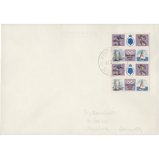 Bermuda 1968 (Variety) 3d Olympic Games, Mexico pair on cover missing red-brown
