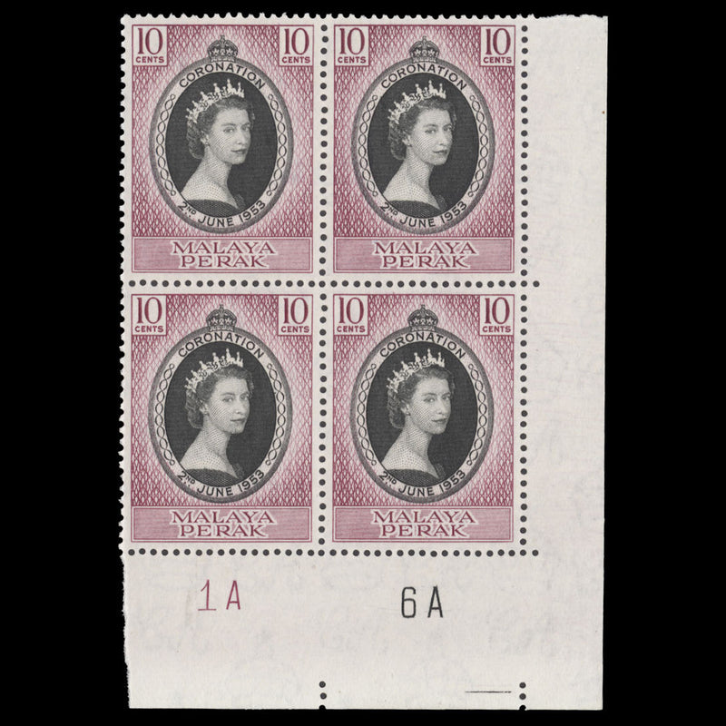 Perak 1953 (MNH) 10c Coronation plate 1A–6A block