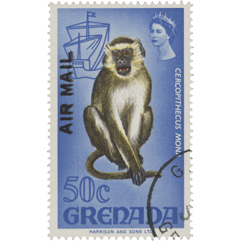 Grenada 1972 (Variety) 50c Mona Monkey with overprint double