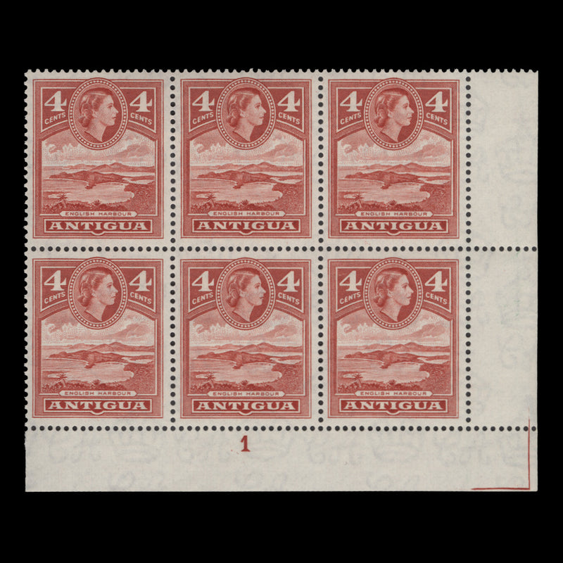 Antigua 1953 (MNH) 4c English Harbour plate 1 block, scarlet shade