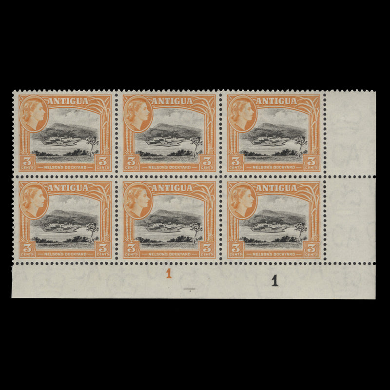 Antigua 1963 (MNH) 3c Nelson's Dockyard plate 1–1 block