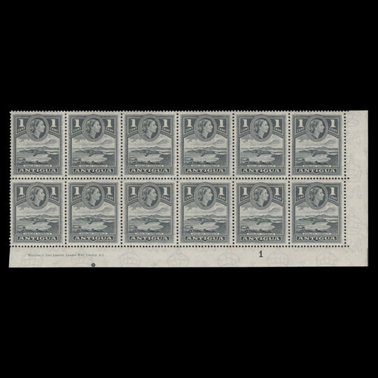 Antigua 1953 (MNH) 1c English Harbour plate block, slate-grey shade