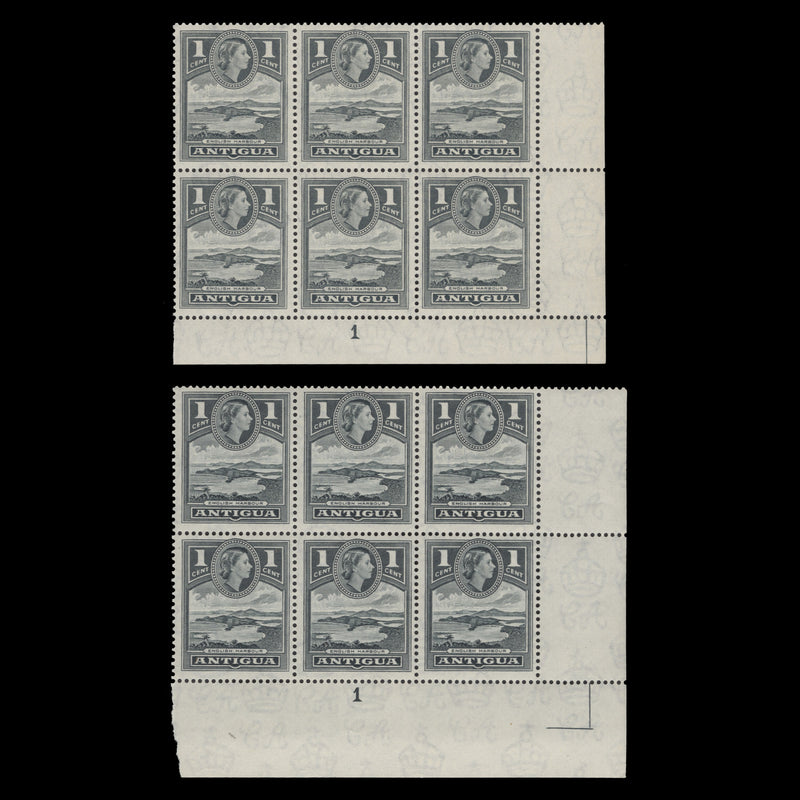 Antigua 1953 (MNH) 1c English Harbour plate blocks, shades