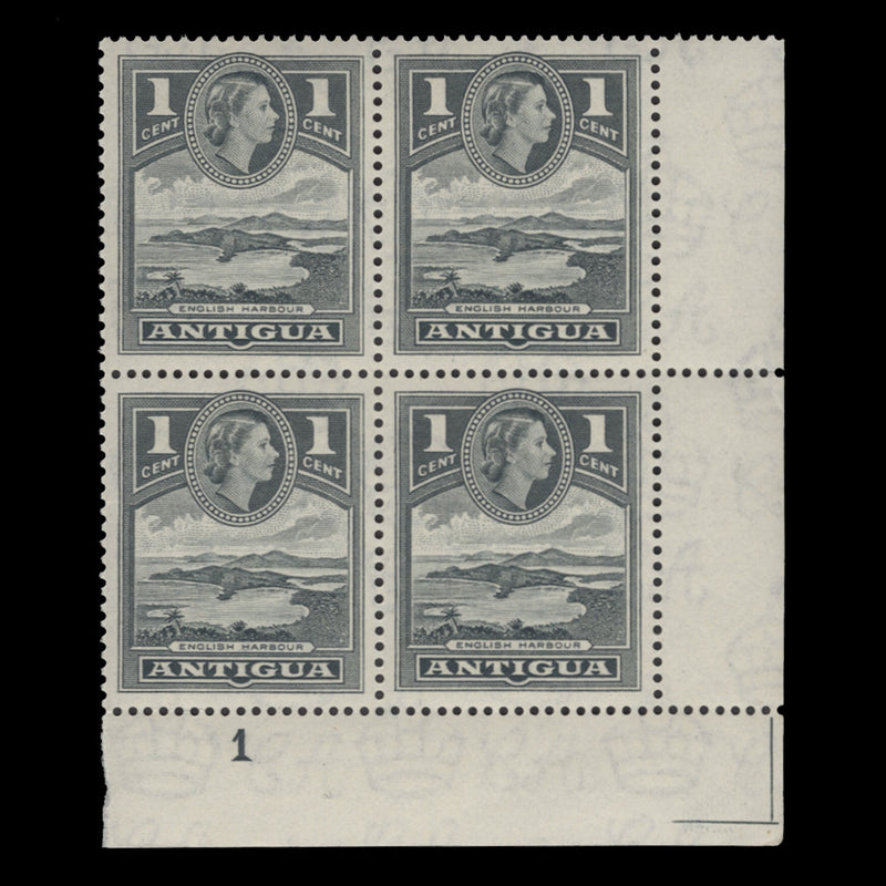 Antigua 1953 (MNH) 1c English Harbour plate block, slate-grey shade