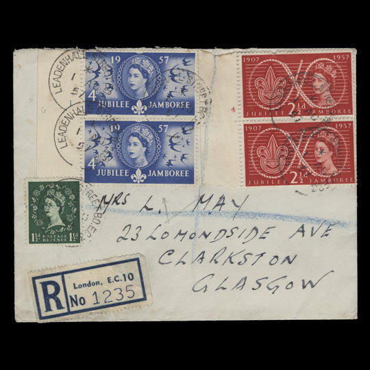 Great Britain 1957 Scout Jamboree cylinder pairs first day cover, LEADENHALL