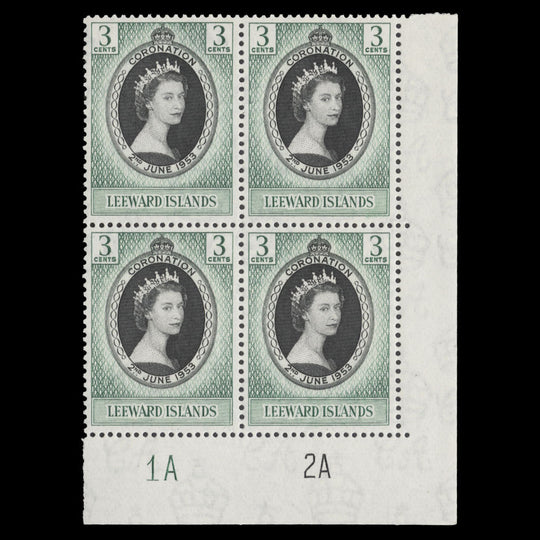 Leeward Islands 1953 (MNH) 3c Coronation plate 1A–2A block. SG125, SC132