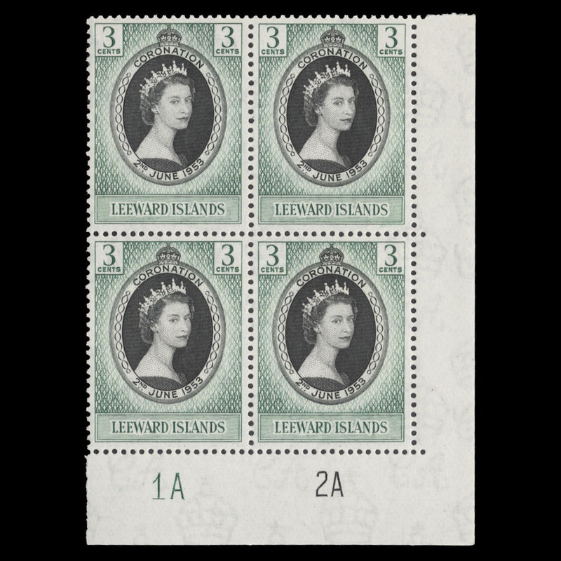 Leeward Islands 1953 (MNH) 3c Coronation plate 1A–2A block. SG125, SC132