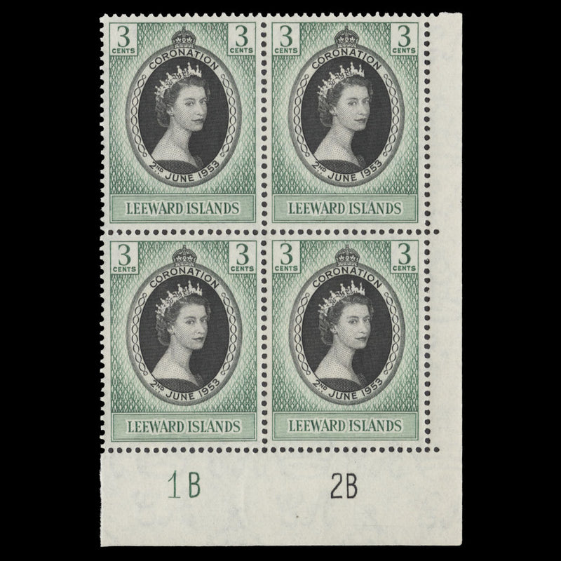 Leeward Islands 1953 (MNH) 3c Coronation plate 1B–2B block. SG125, SC132