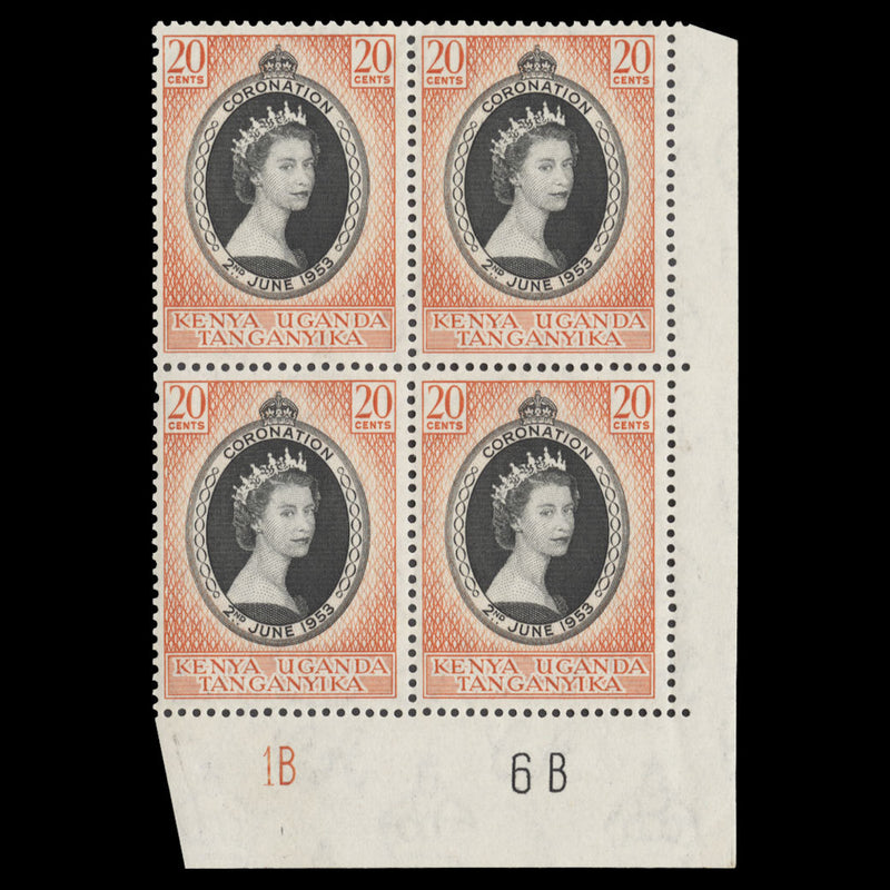 Kenya Uganda Tanganyika 1953 (MNH) 20c Coronation plate 1B–6B block