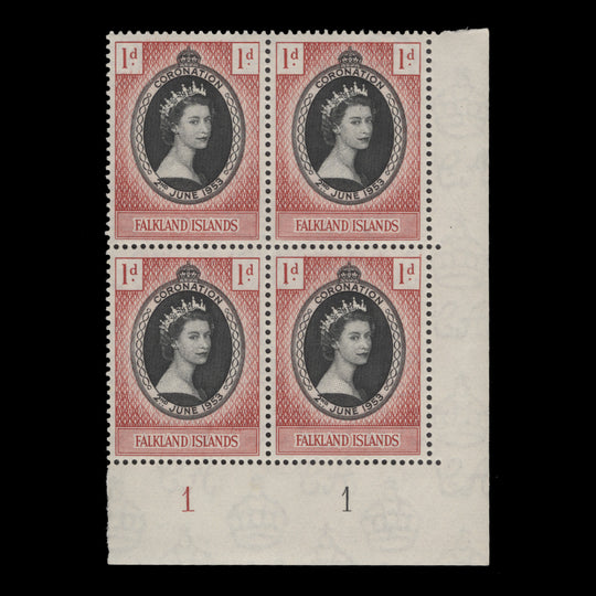Falkland Islands 1953 (MNH) 1d Coronation plate 1–1 block