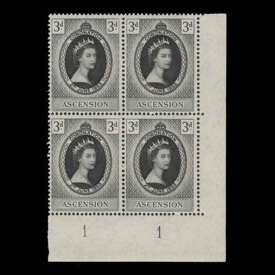 Ascension 1953 (MNH) 3d Coronation plate 1–1 block