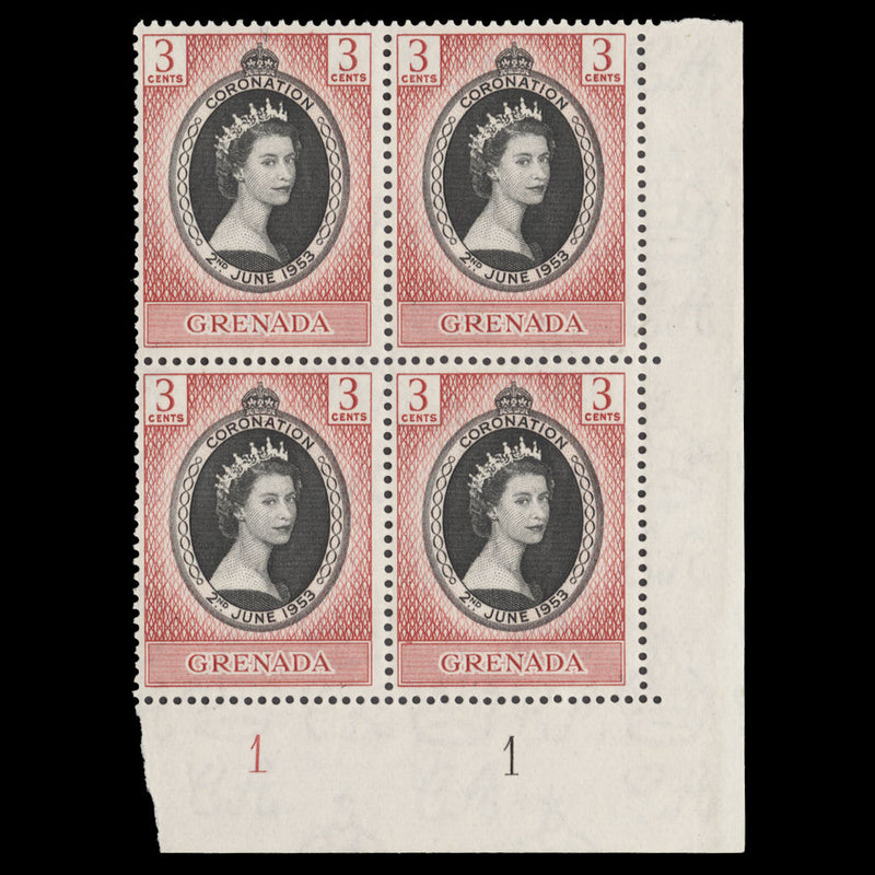 Grenada 1953 (MNH) 3c Coronation plate 1–1 block