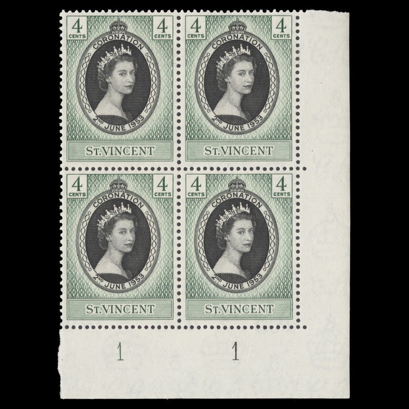 Saint Vincent 1953 (MNH) 4c Coronation plate 1–1 block. SG188, SC185