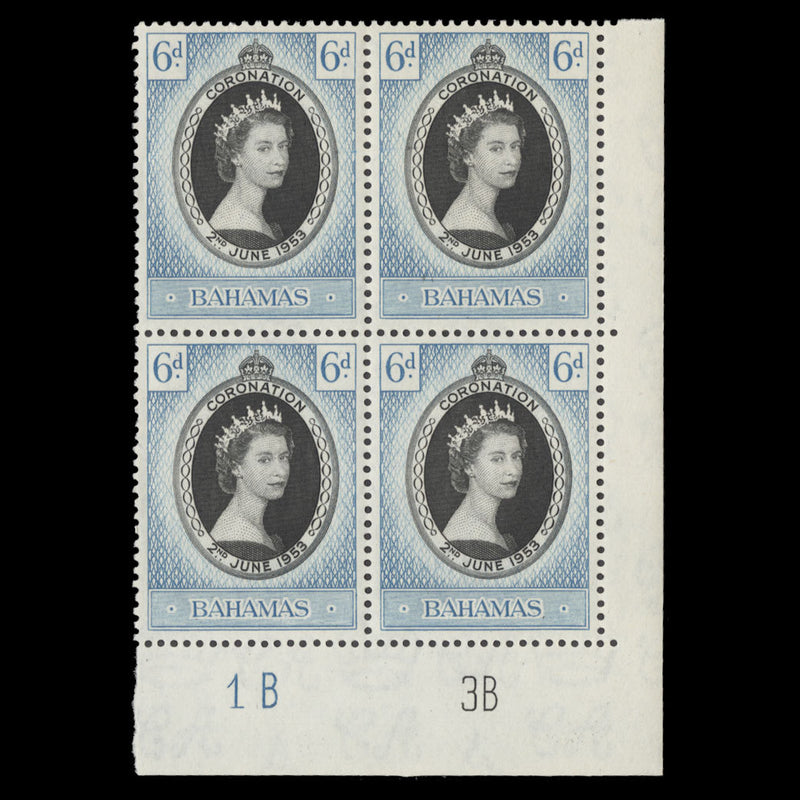 Bahamas 1953 (MNH) 6d Coronation plate 1B–3B block