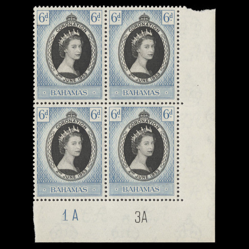 Bahamas 1953 (MNH) 6d Coronation plate 1A–3A block