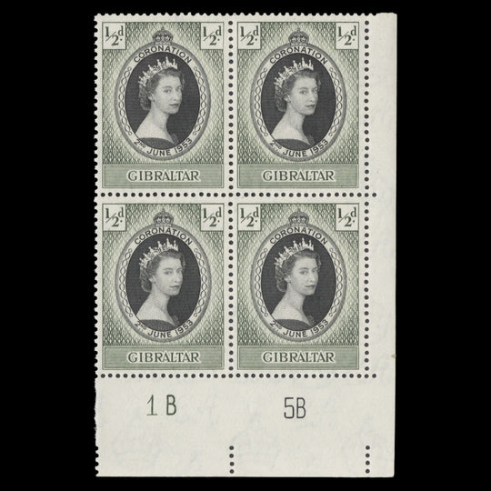 Gibraltar 1953 (MNH) ½d Coronation plate 1B–5B block