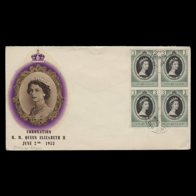 Leeward Islands 1953 (FDC) 3c Coronation block, PLYMOUTH